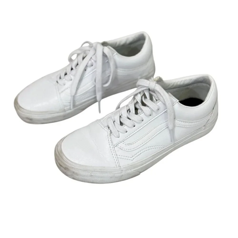 Vans Women's Old Skool Skateboard Shoe Sneaker All White Leather Low Size 6.5